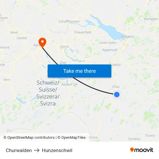 Churwalden to Hunzenschwil map