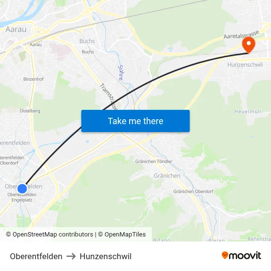 Oberentfelden to Hunzenschwil map