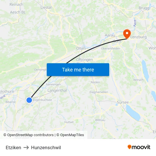 Etziken to Hunzenschwil map