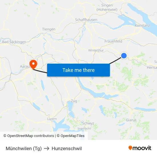 Münchwilen (Tg) to Hunzenschwil map