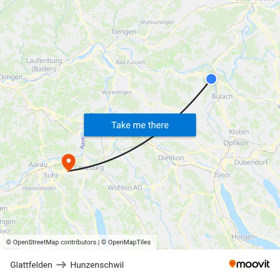 Glattfelden to Hunzenschwil map