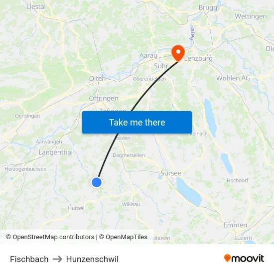Fischbach to Hunzenschwil map