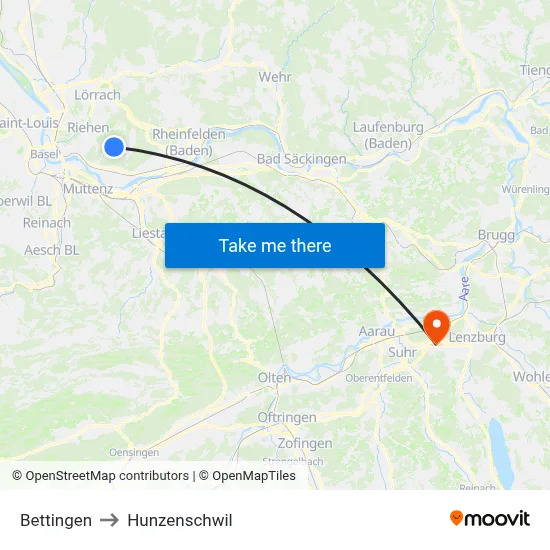 Bettingen to Hunzenschwil map