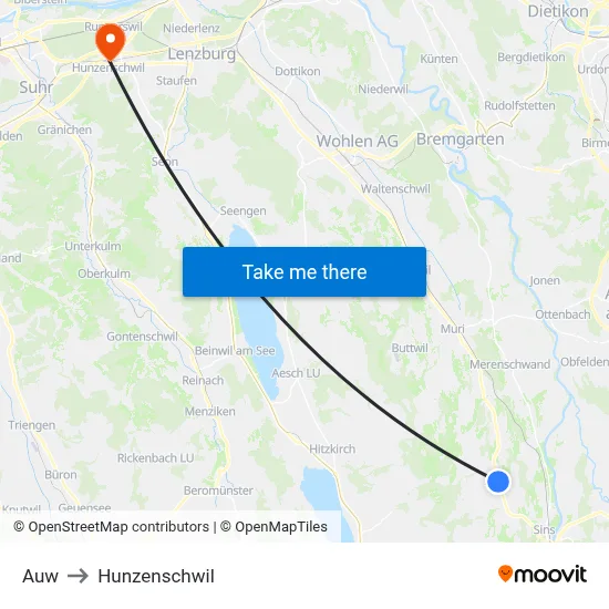 Auw to Hunzenschwil map