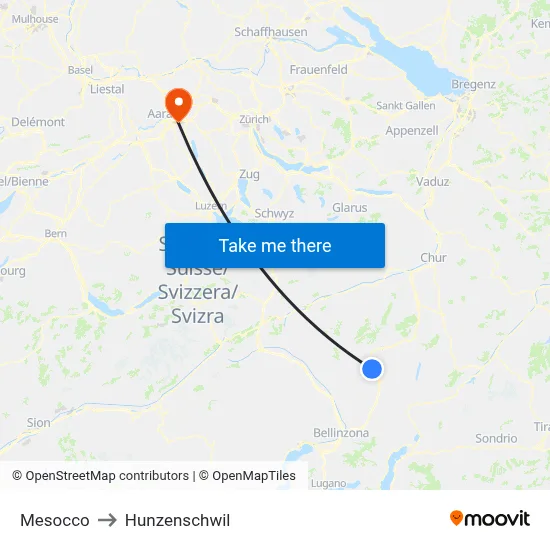 Mesocco to Hunzenschwil map