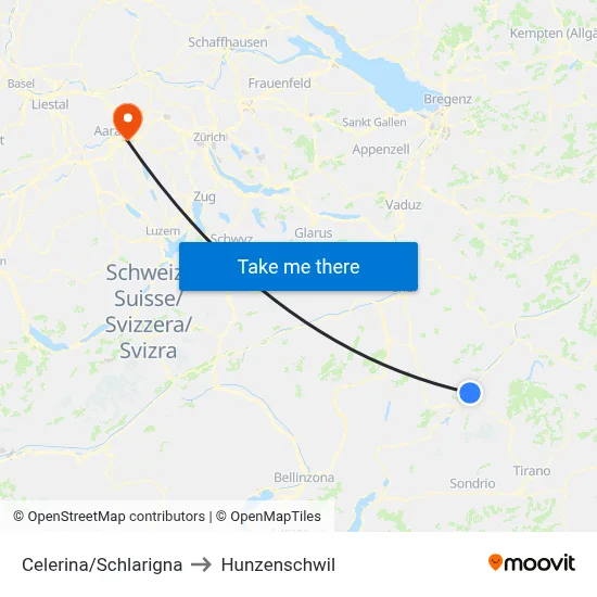 Celerina/Schlarigna to Hunzenschwil map