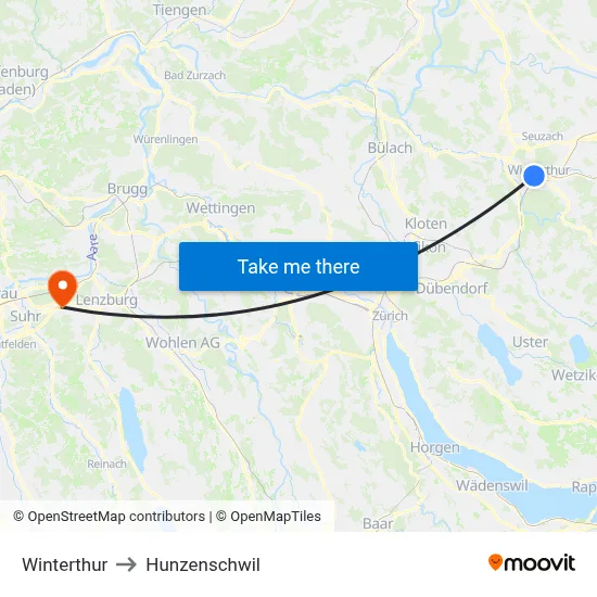 Winterthur to Hunzenschwil map