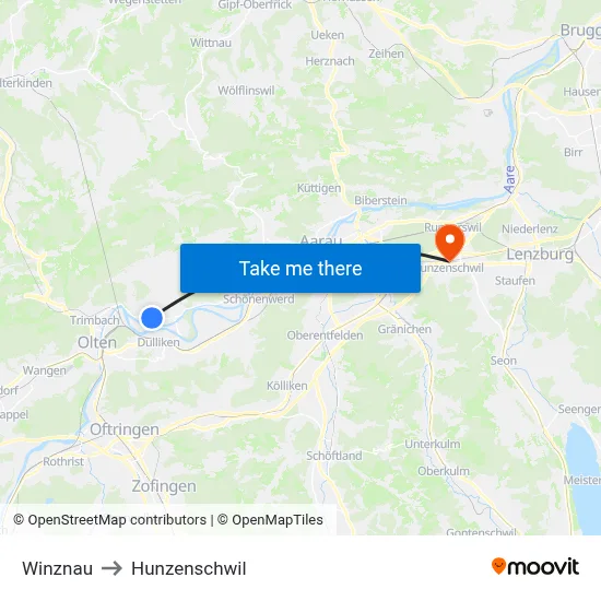 Winznau to Hunzenschwil map