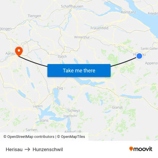 Herisau to Hunzenschwil map