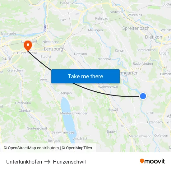 Unterlunkhofen to Hunzenschwil map