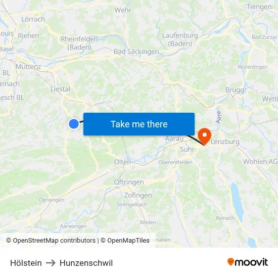 Hölstein to Hunzenschwil map