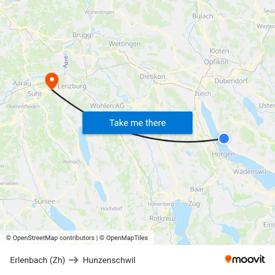Erlenbach (Zh) to Hunzenschwil map