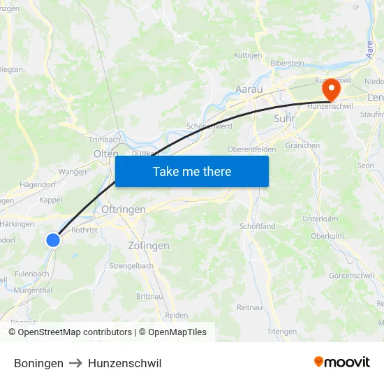 Boningen to Hunzenschwil map