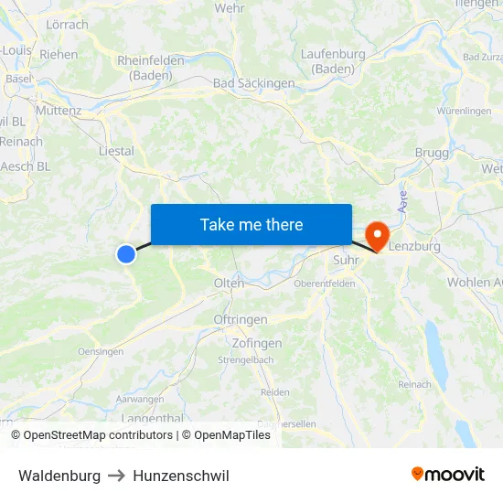 Waldenburg to Hunzenschwil map