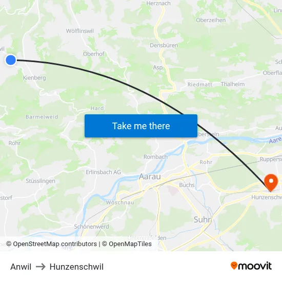 Anwil to Hunzenschwil map