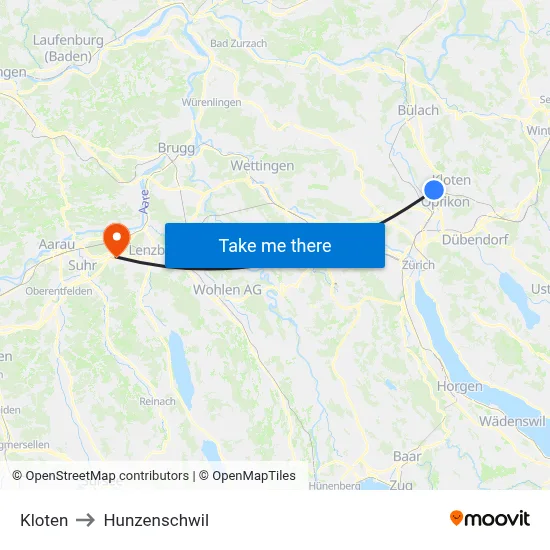 Kloten to Hunzenschwil map