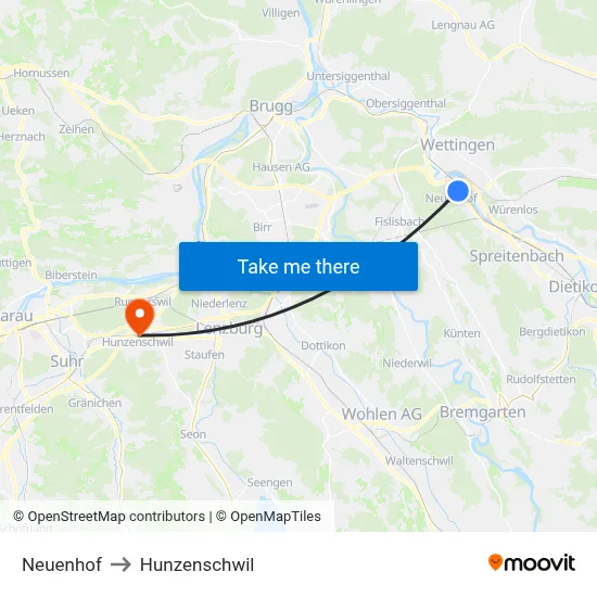 Neuenhof to Hunzenschwil map