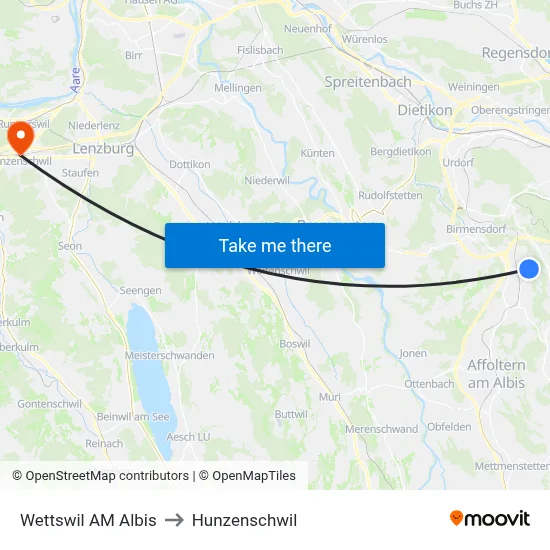 Wettswil AM Albis to Hunzenschwil map