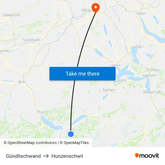 Gündlischwand to Hunzenschwil map