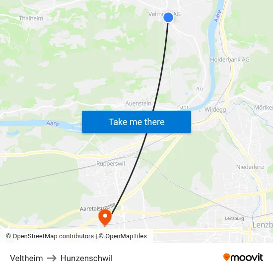 Veltheim to Hunzenschwil map