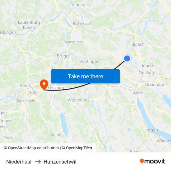 Niederhasli to Hunzenschwil map