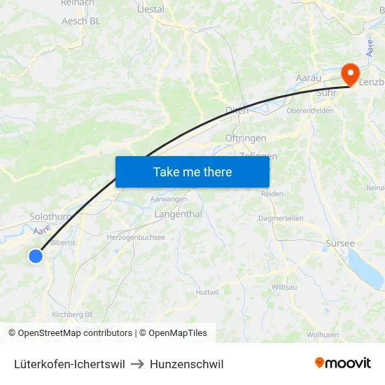 Lüterkofen-Ichertswil to Hunzenschwil map