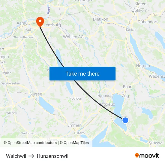 Walchwil to Hunzenschwil map