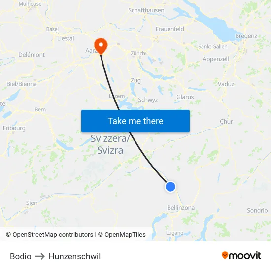 Bodio to Hunzenschwil map