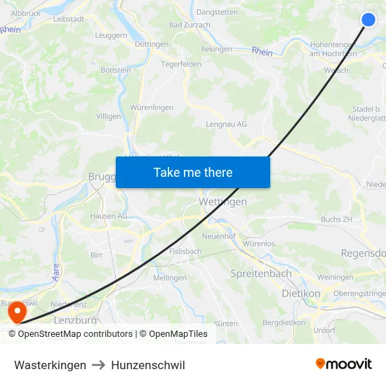 Wasterkingen to Hunzenschwil map