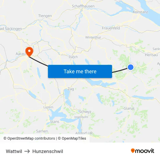 Wattwil to Hunzenschwil map