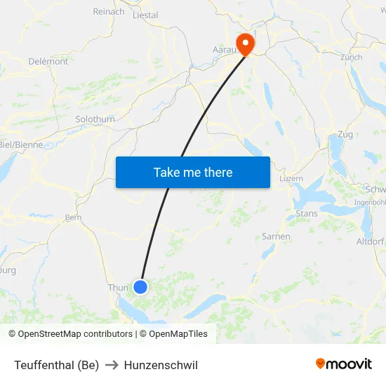 Teuffenthal (Be) to Hunzenschwil map