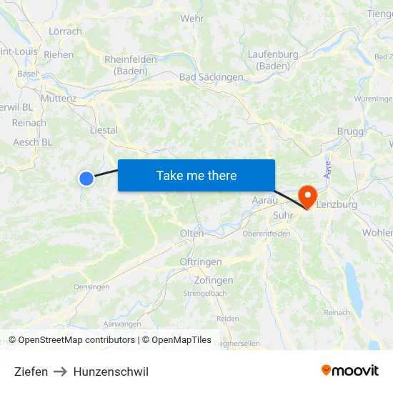 Ziefen to Hunzenschwil map