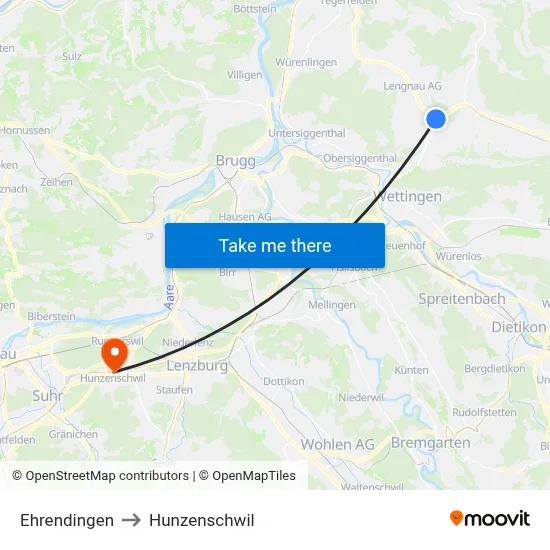 Ehrendingen to Hunzenschwil map