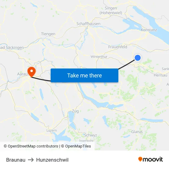 Braunau to Hunzenschwil map