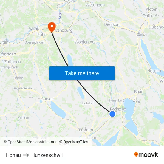 Honau to Hunzenschwil map
