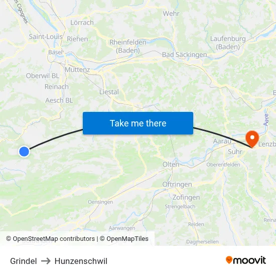 Grindel to Hunzenschwil map