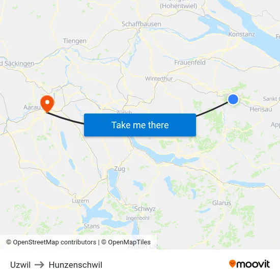 Uzwil to Hunzenschwil map