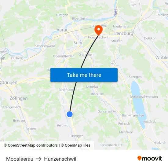 Moosleerau to Hunzenschwil map