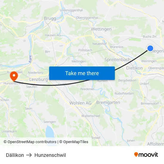 Dällikon to Hunzenschwil map