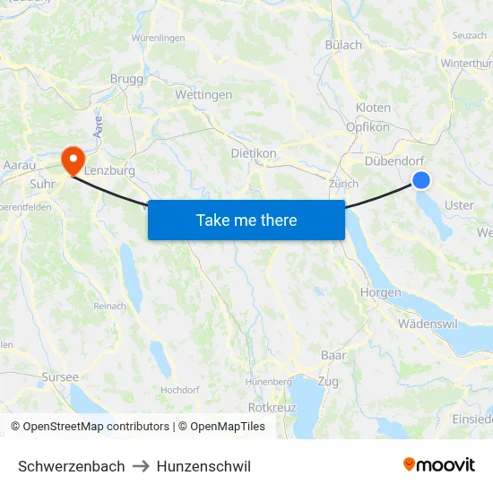 Schwerzenbach to Hunzenschwil map