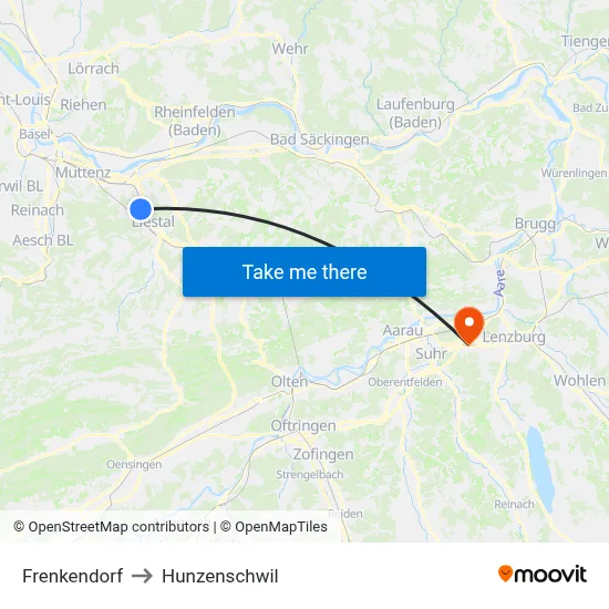 Frenkendorf to Hunzenschwil map