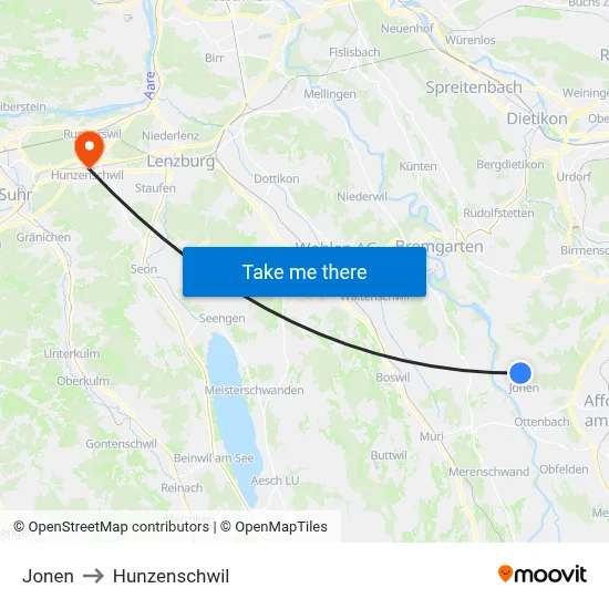 Jonen to Hunzenschwil map