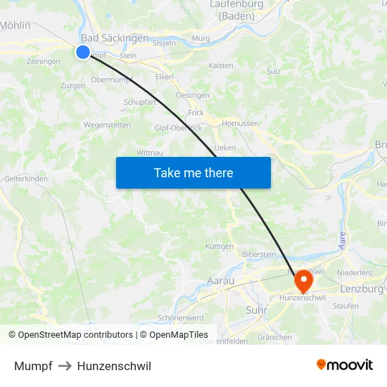 Mumpf to Hunzenschwil map