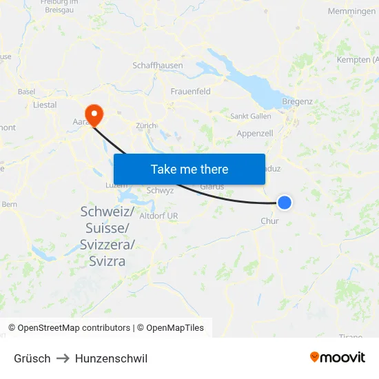 Grüsch to Hunzenschwil map