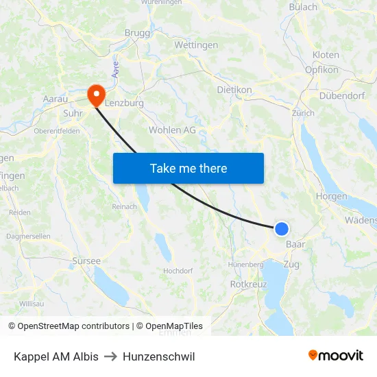 Kappel AM Albis to Hunzenschwil map
