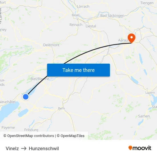 Vinelz to Hunzenschwil map
