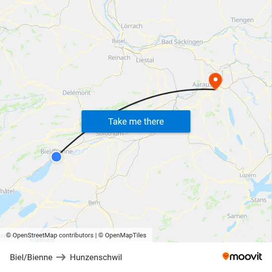 Biel/Bienne to Hunzenschwil map