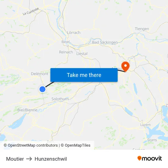 Moutier to Hunzenschwil map