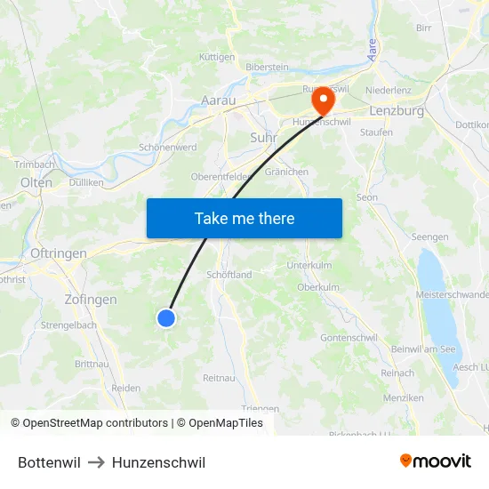 Bottenwil to Hunzenschwil map