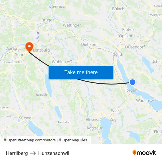 Herrliberg to Hunzenschwil map